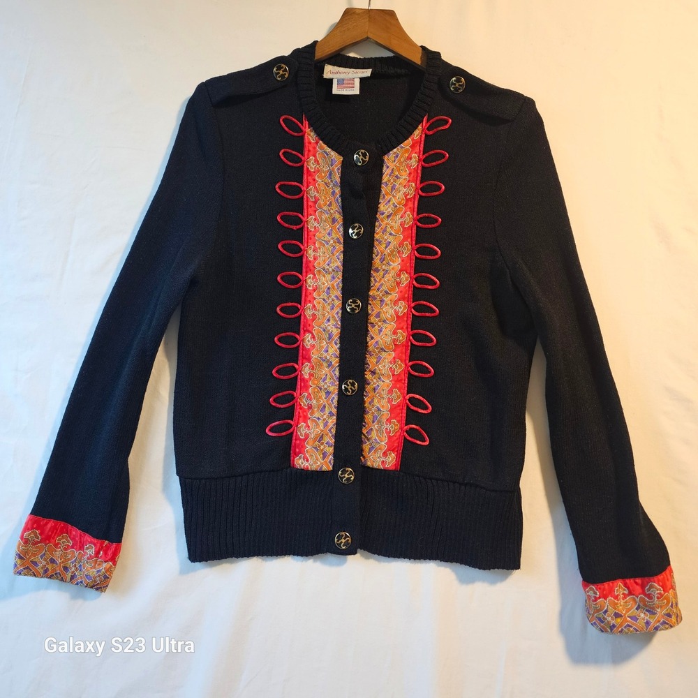 Anthony Sicari Vtg 80s Military Style cardigan/sweater silky panels Women 10 USA